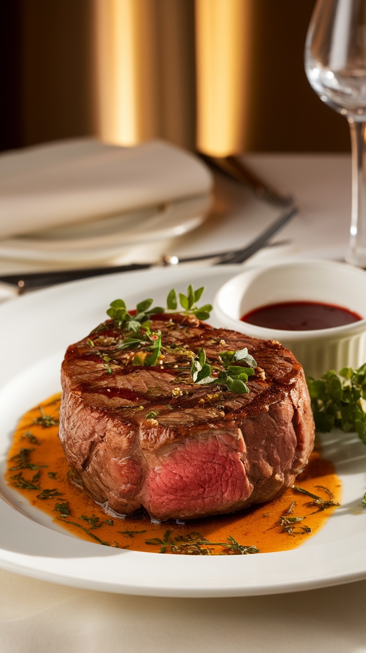 A mouthwatering filet mignon steak drizzled with garlic butter sauce on a fine dining plate.